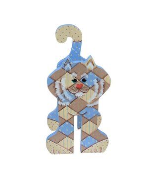 Vintage Wooden Cat Planter Blue Tan Country Crafts Indoor Planter Farmhouse
